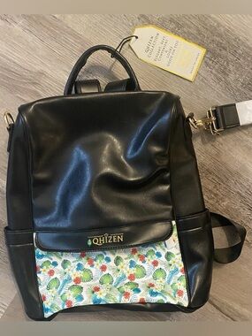 PU Leather Convertible Backpack Bag with Floral Print Front Pocket